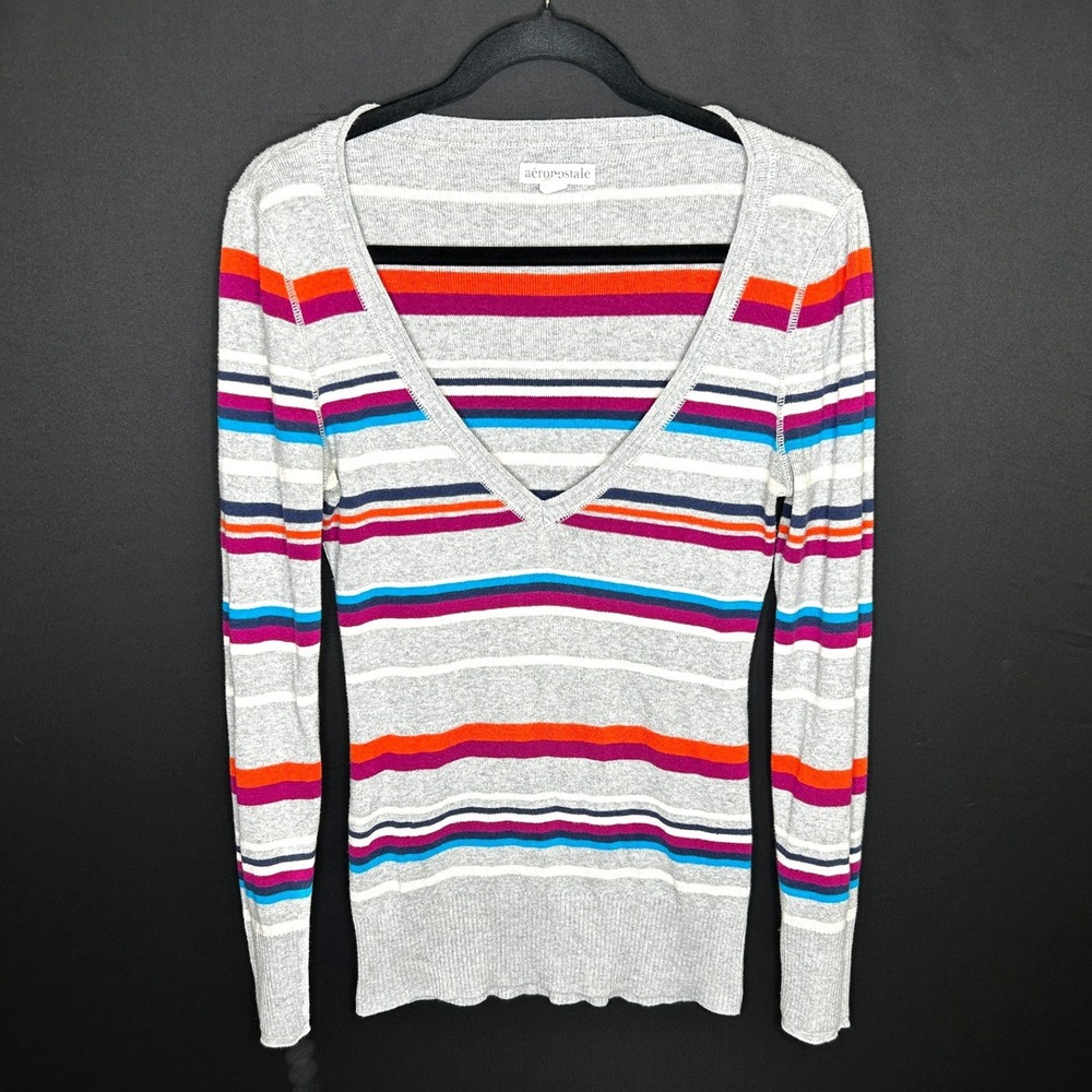 Aeropostale Womens Y2K Colorful Stripe VNeck Sweater Sz L Retro Twee Preppy 2010